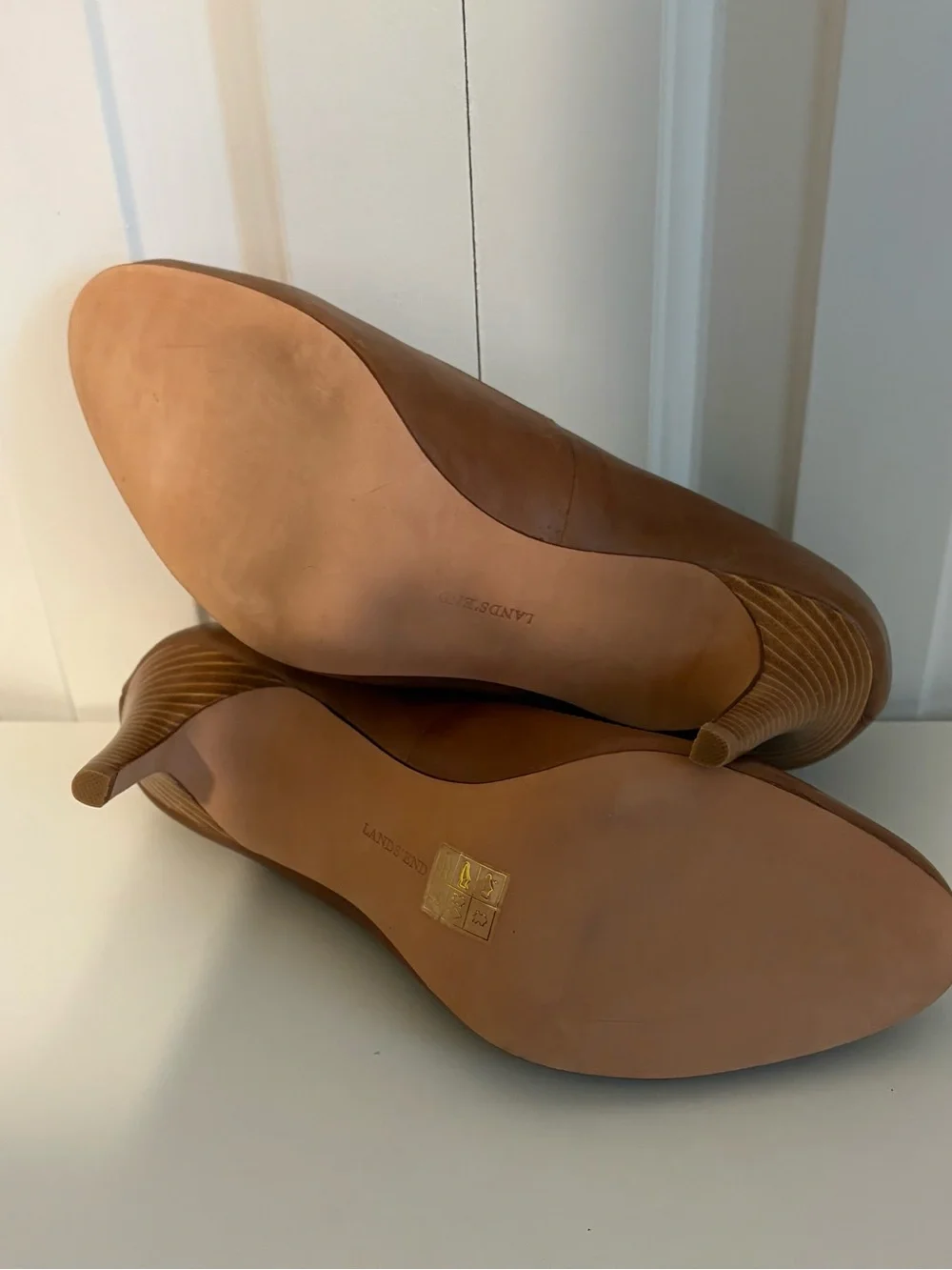 LANDS' END Cognac Brown Leather Round Toe Stiletto Heels, NWOT, Size 10